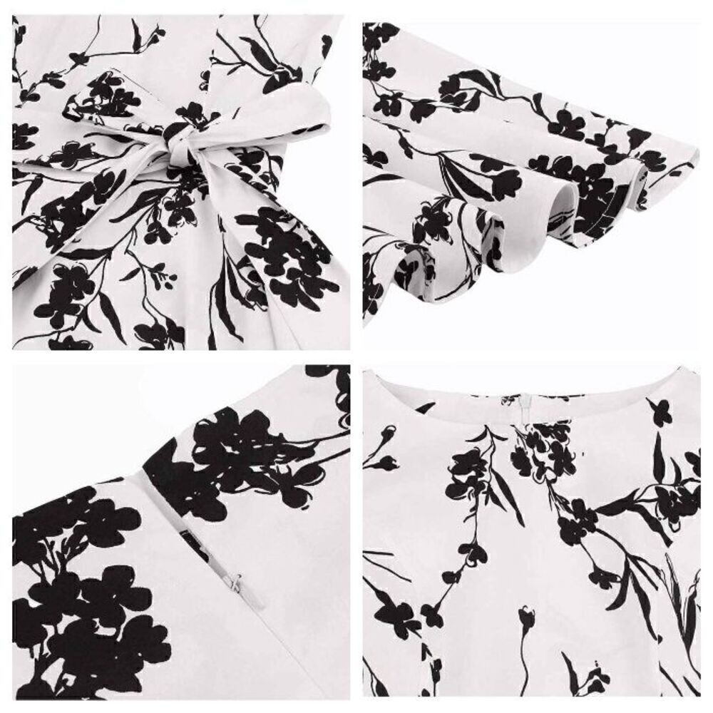 🖤🤍 Pinup Retro Vintage 1950s Floral White Rockabilly Dress w/Belt NEW L - Picture 7 of 15